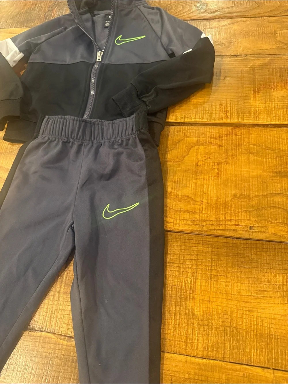 Nike Kids' Gray and Black Tracksuit with Neon Green Swoosh